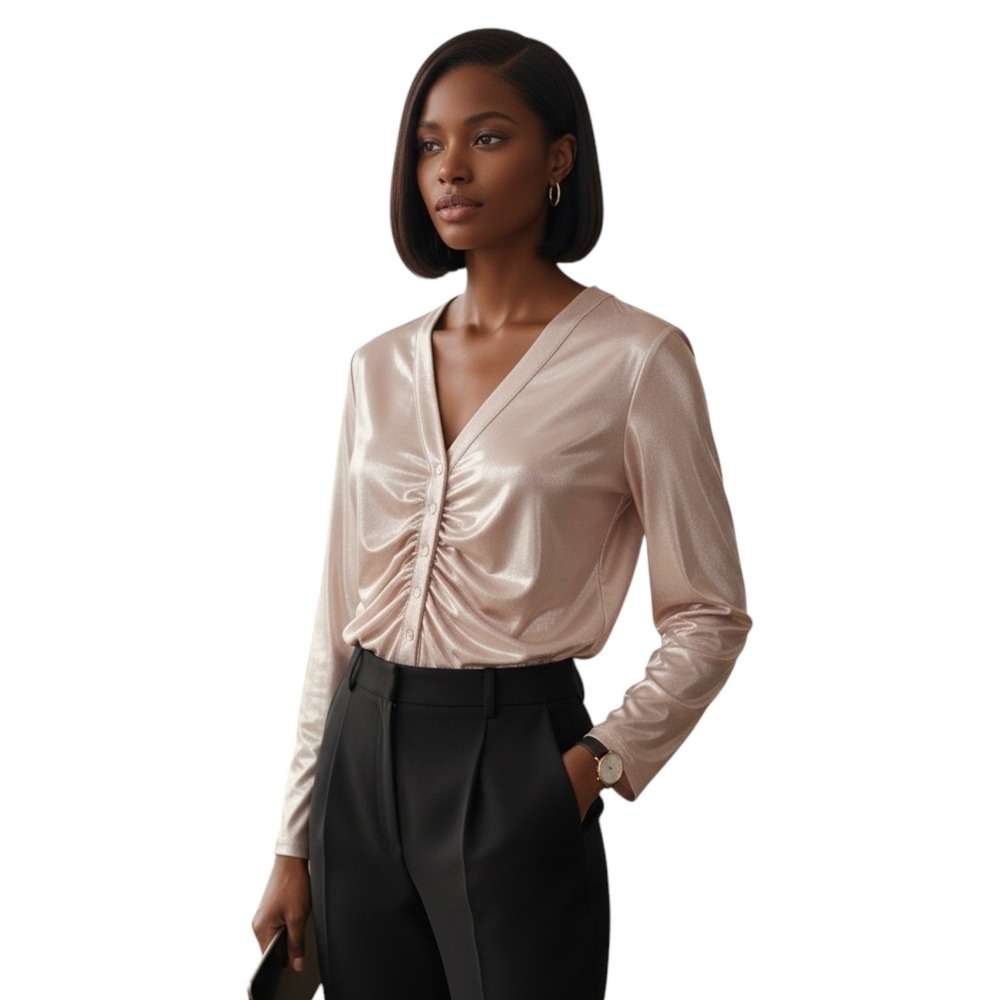 Anthropologie Metallic Ruched Button Front Top Rose Gold Boss Office Glam XL